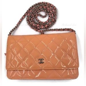 Authentic CHANEL Patent Leather Wallet-on-the-chain WOC Flap Bag Peach / pink